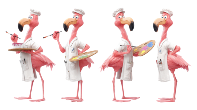 Four pink flamingo cartoon artists wearing chef hats and lab coats holding brushes and