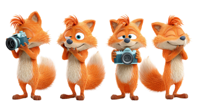 Animated furry fox characters showing playful expressions two holding blue cameras