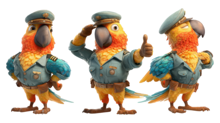 Three vibrant cartoon parrots in officer uniforms saluting and giving thumbs up poses