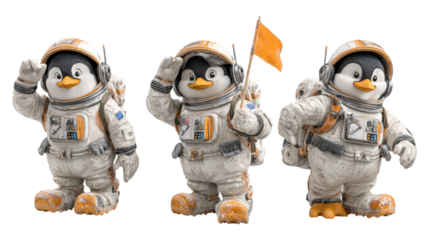 Three cute cartoon penguins in astronaut suits one waving one saluting with a flag isolate