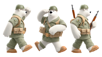 Anthropomorphic polar bears in military uniforms helmets saluting marching with rifles transparent background