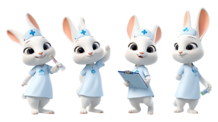Four adorable white cartoon bunny nurses in blue scrubs each holding a medical prop