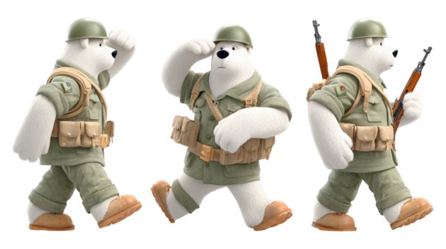 Anthropomorphic polar bears in military uniforms helmets saluting marching with rifles transparent background