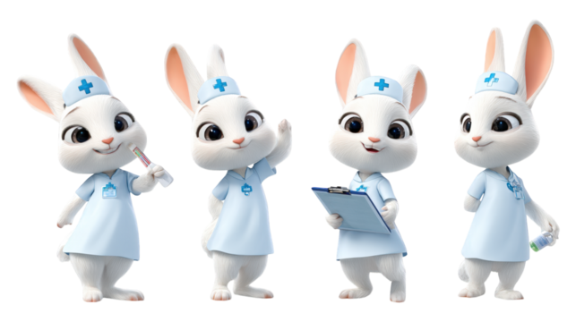 Four adorable white cartoon bunny nurses in blue scrubs each holding a medical prop