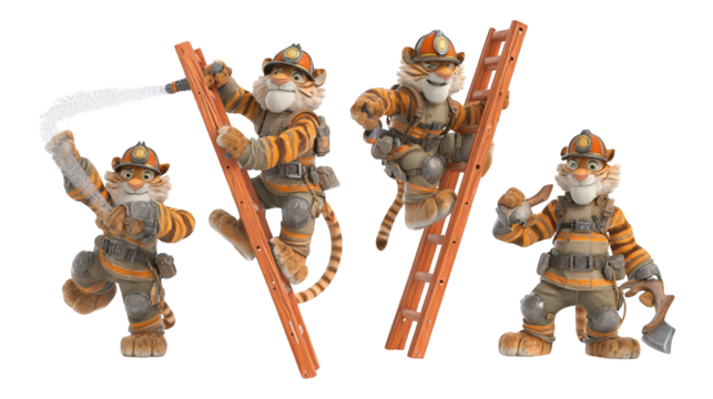 Four cartoon tiger characters dressed as firefighters display various actions and tools