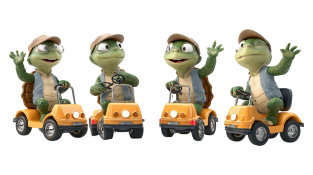 Four happy anthropomorphic turtles in caps and vests driving yellow pedal cars waving - Powered by Adobe