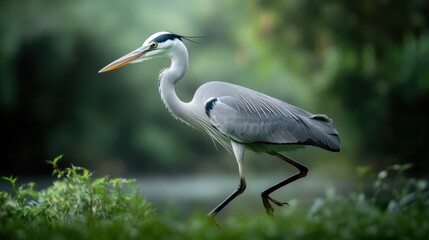 Fototapeta premium Elegant heron stalks through lush wetlands in serene natural setting