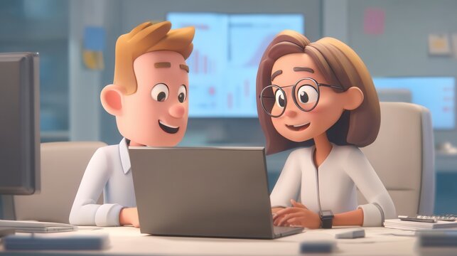 Happy 3D cartoon professionals collaborating on laptop in modern office with data screens, business teamwork in corporate environment, digital marketing visualization