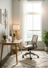 Cozy home office with plants warm daylight
