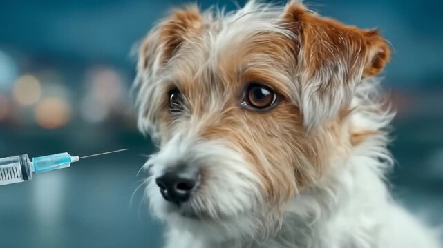 Scared Puppy Gets a Vaccine Shot with Healthcare, Vet Clinic, and Blue Bokeh Background.
