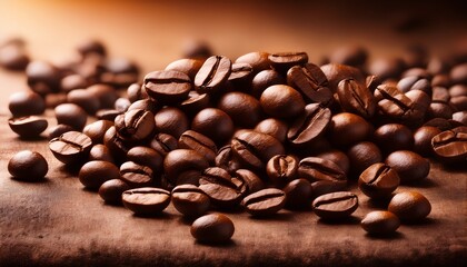 Obraz premium rich dark roasted coffee beans scattered on a textured brown surface creating a captivating image ideal for coffee related projects