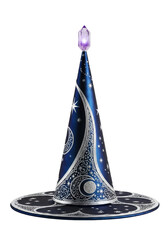 Magnificent sorcerer's hat of deep midnight blue iridescent silk with silver celestial trim and glowing amethyst crystal on transparent background, photorealistic product still life concept of