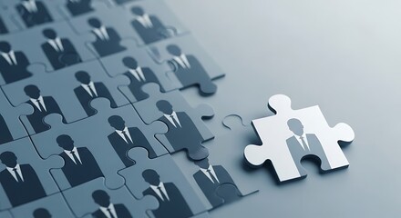 A team of professional figures arranged in a puzzle format, highlighting a missing piece, suggesting a need for new personnel.