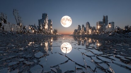 Ruined city mirroring in shattered ground under moonlit sky evoking desolation