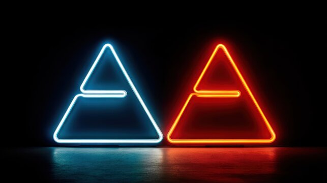 Two neon triangles, one blue, one red, stand side-by-side on a reflective surface against a dark background, giving a bright, futuristic look