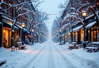 snow covered pedestrian streets illuminated by hanging lights, soft reflections on snow creating a dreamy and romantic winter city scene.
