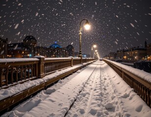 Fototapeta premium snow falling gently on a city bridge at night, lamplight reflecting off icy surfaces, creating a serene and romantic winter scene.