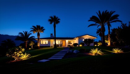 Obraz premium A tranquil nighttime scene of a residential property. A two story house with a white facade and a black roof is prominently featured