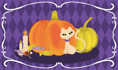 Autumn vibe illustration with pumpkins, candles, candies and scary cat. Fall art suits for thanksgiving, autumn, Halloween, cozy theme. 