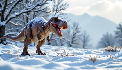 A Tyrannosaurus Rex in a snowy landscape, standing upright and appearing to be enjoying the winter environment.