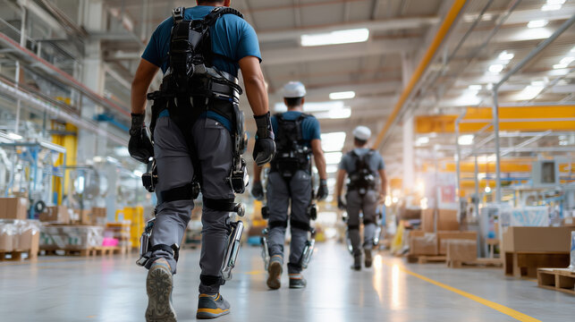 Workers use exoskeleton suits while walking through a modern factory in the afternoon light