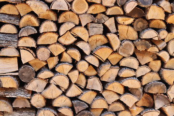 Firewood stacked in a pile along the wall. Cut wooden logs. Firewood stored along the wall in the yard on the street. Fuel for the stove in winter. Firewood is stacked for drying