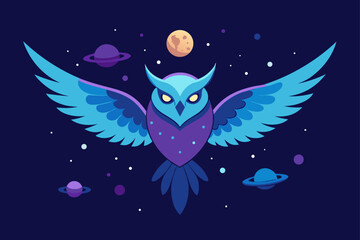 Fototapeta premium A celestial cartoon angel with wings stands on the moon among the stars, illuminating the night sky in a vector illustration