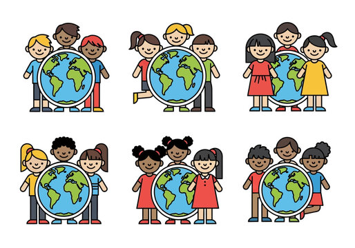 Groups of diverse children holding a globe, symbolizing unity and global awareness. Suitable for education, diversity, and global unity concepts.
