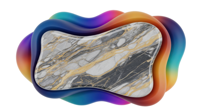 Iridescent layers framing a marbled stone panel on a black background