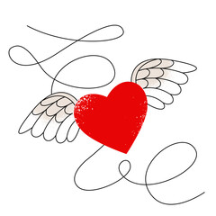 heart with wings is drawn with a contour and texture. flight path forms the word love. flat drawing. stock vector illustration. EPS 10.