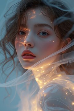 Ethereal fantasy portrait of young woman with glowing light effects
