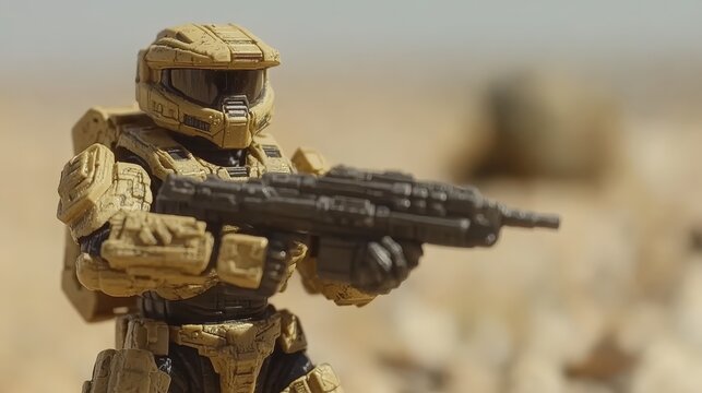 Master Chief Ready for Action. Spartan Warrior with Rifle in Desert Terrain