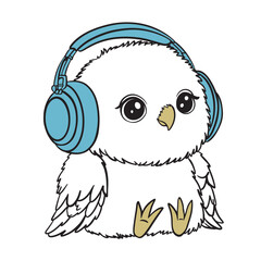Little Cute Owl in Blue Headphones. Funny Funny Character Listening to Music, Vector Children's Illustration