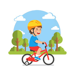 Cheerful Young Boy in Blue Shirt Riding Red Bicycle with Training Wheels in Green Park Under Blue Sky Cartoon Illustration