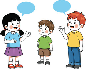 Happy children talking, cartoon kids communicating, speech bubbles illustration, friendly conversation, colorful drawing, educational concept, playful interaction, school activity 