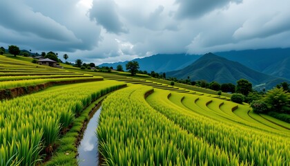 Fototapeta premium A picturesque rural landscape featuring terraced rice fields in Bali, Indonesia.