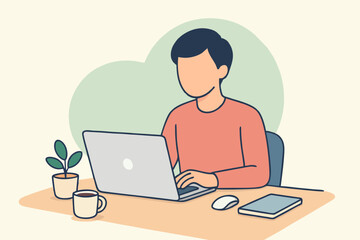 Freelancer man working on laptop at home desk, concept of productivity and remote work.