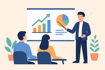 Flat illustration of businessman giving training presentation with chart.
