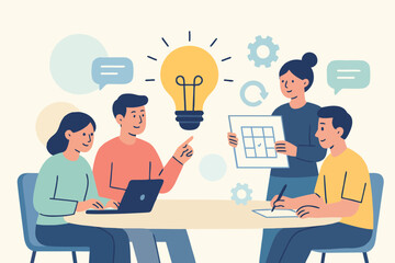 Flat illustration of colleagues brainstorming with a glowing lightbulb symbolizing creativity and innovation.