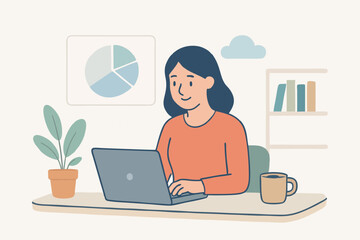 Flat illustration of a woman analyzing data charts on laptop for business analytics and growth.