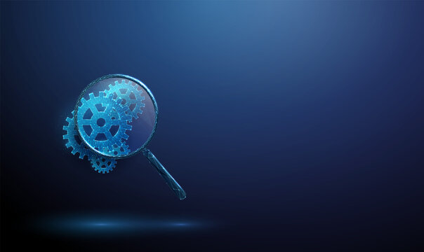 3d magnifying glass with mechanical gears inside. Quality control, AI algorithm testing, model monitoring, process automation, accountability concept.