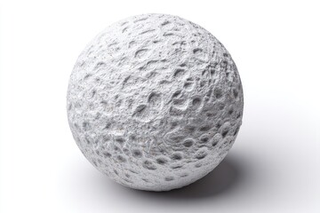 Textured sphere with craters, bathed in bright light, casts a subtle shadow on white surface
