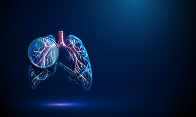 3d blue lungs with bronchial tree structure under magnifying glass. Pulmonary system, respiratory disease detection, diagnostic testing concept.