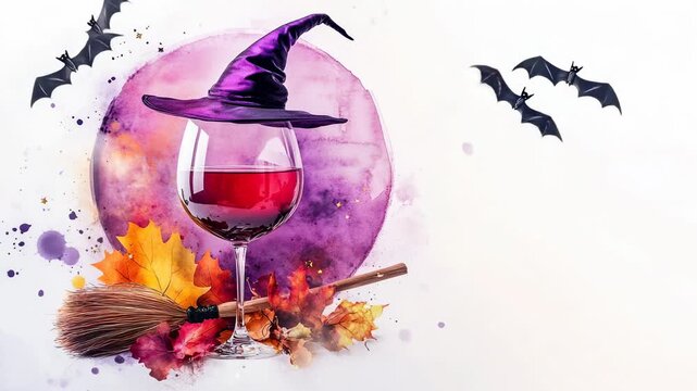 Halloween witch hat on wine glass with broom bats and autumn leaves spooky party holiday illustration art