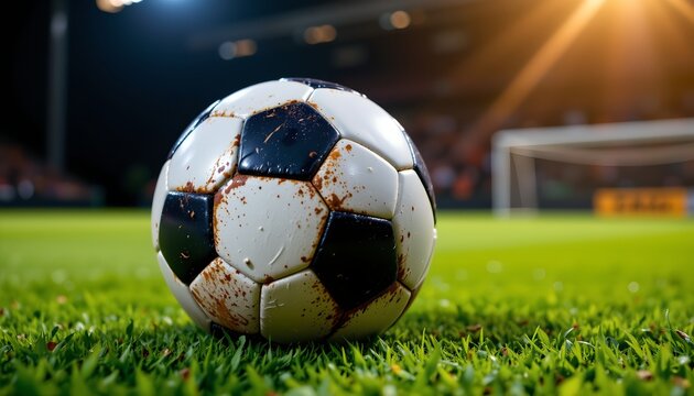 A soccer ball resting on a vibrant green field, signifying an active sports environment.