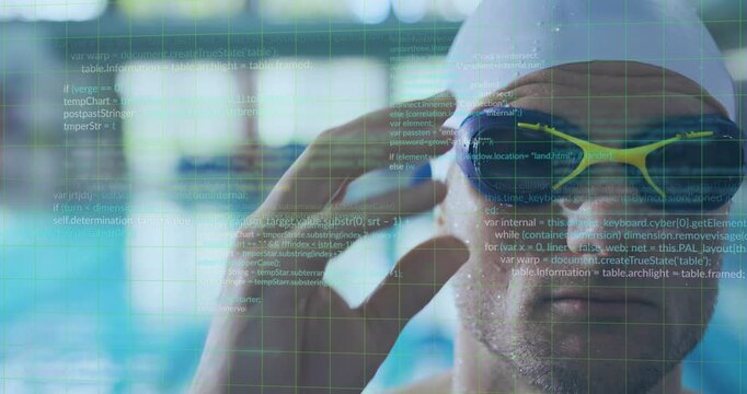 Male swimmer lifting yellow goggles adjusting over white cap with tech grid analyzing performance