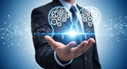 A businessman's hand holds a digital representation of interconnected minds, showcasing the concept of collaborative intelligence.