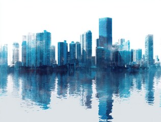 Fototapeta premium Modern city skyline with tall glass skyscrapers reflecting on calm water