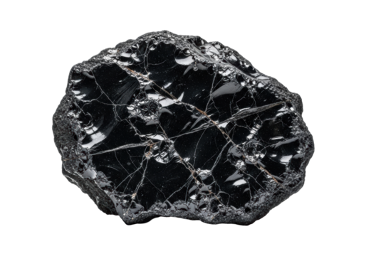 Rugged black obsidian slab with metallic flecks, fracture lines, and crystals, isolated on transparent, dramatic overhead studio lighting concept of geological beauty.