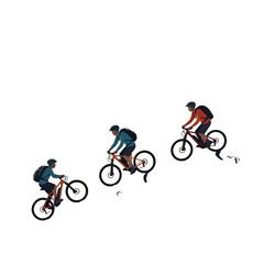 Obraz premium Three Mountain Bikers Riding Up Hill on White Background in Pixel Art Style